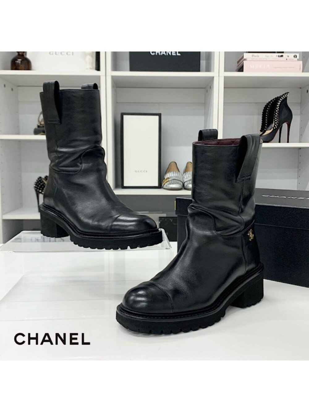 Chanel CC Logo Leather Short Boots Black